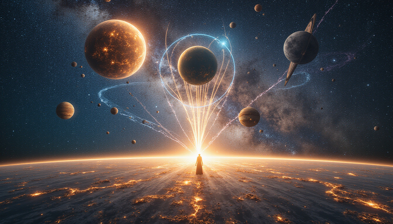  Converging planets connected by luminous threads over cosmic map, destiny light pouring into a figure