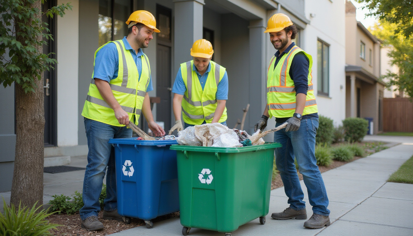  Same-day affordable home cleanout, cheerful workers sorting recyclables into labeled bins on sidewalk