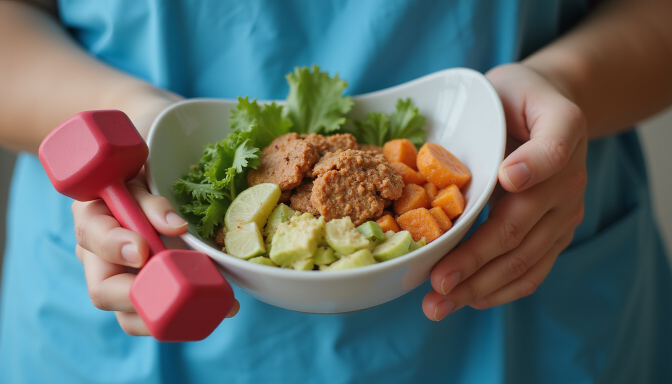  Close-up of hands holding protein-rich meal and dumbbell, clinical bright lighting, hopeful tone