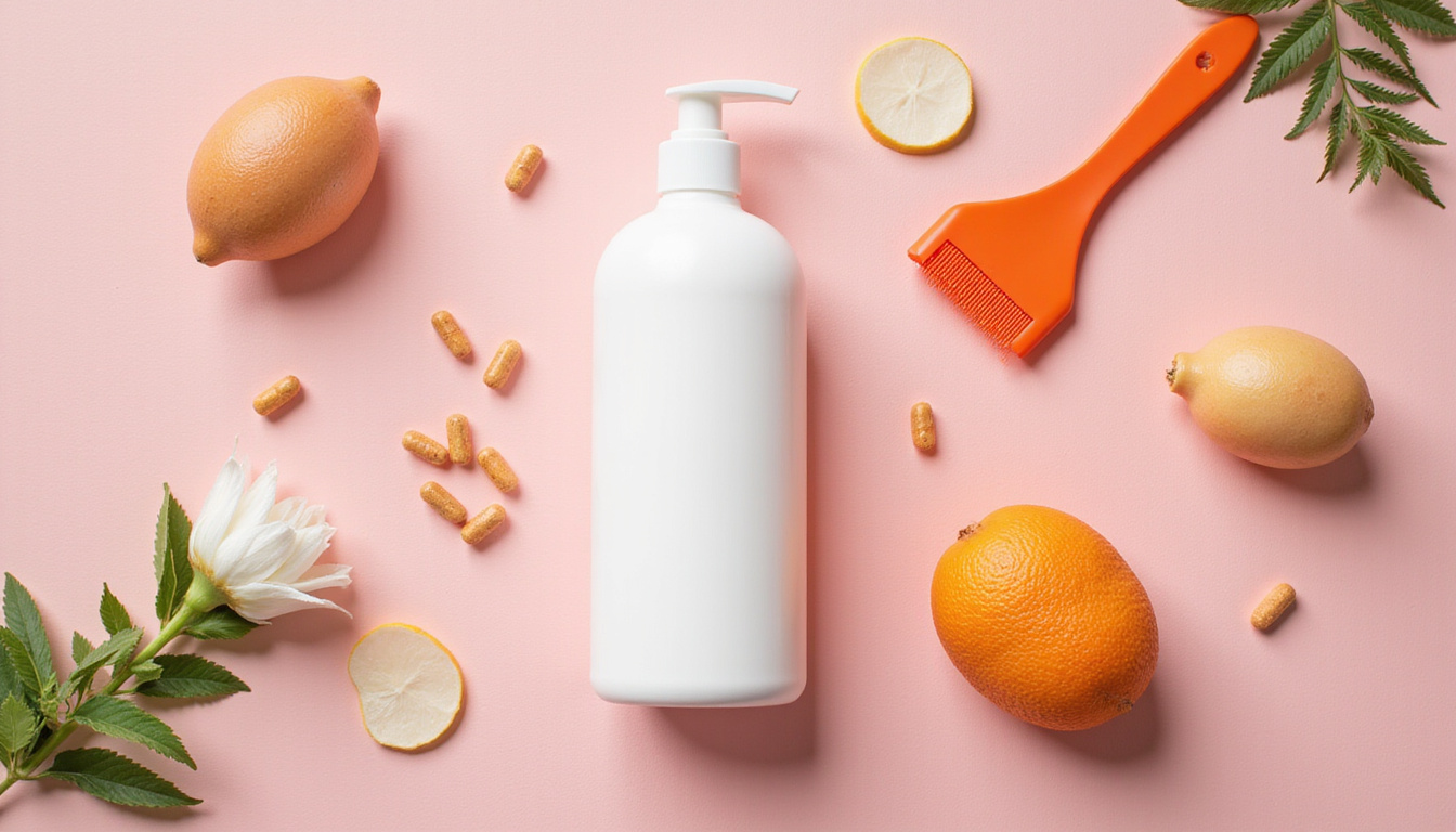  Care guide flatlay: gentle shampoo, scalp massage, vitamins, textured hair tools, pastel background