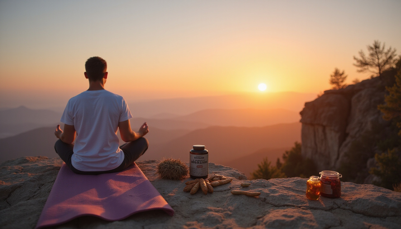  Tranquil morning scene: man meditating on cliff, yoga mat, herbal supplements, sunrise glow