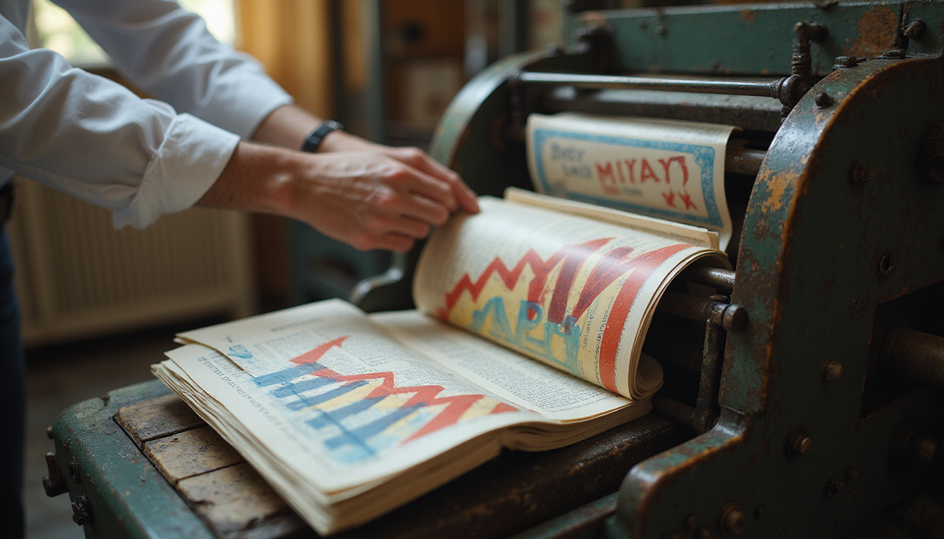 Vintage printing press with vibrant brochures, rising ROI arrow, hands exchanging mail, cinematic light