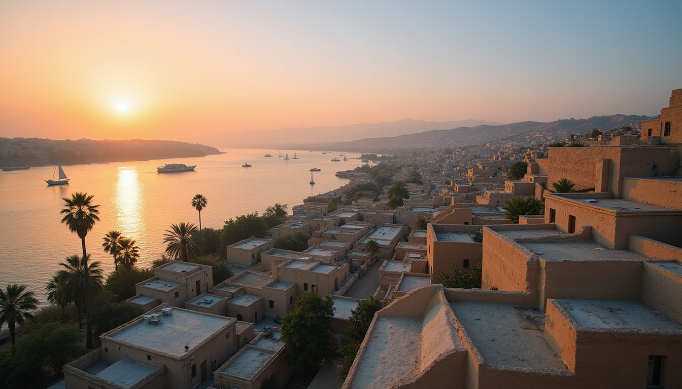 Aerial Dokki rooftops and Nile panorama, sailboats, palm trees, cinematic evening glow, ultra-realistic