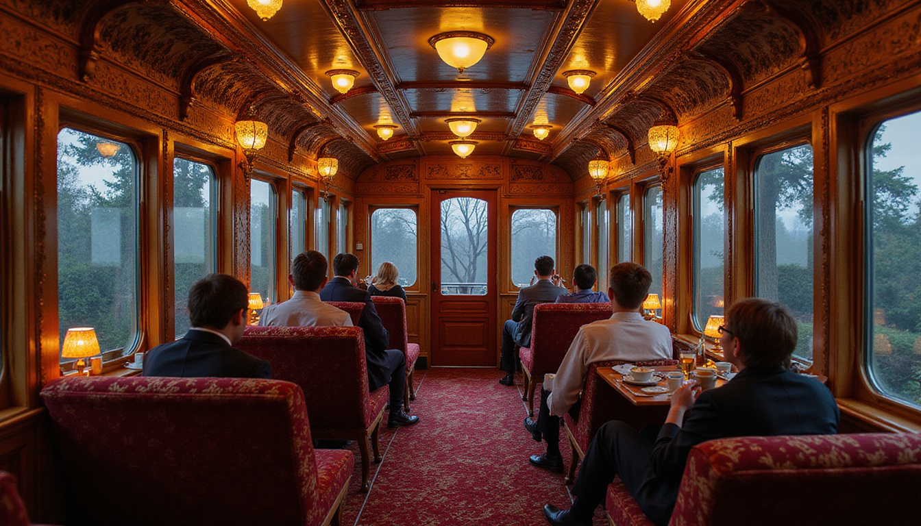  Lavish gold-accented observation carriage interior, velvet seats, lanterns, travelers sipping tea under stars