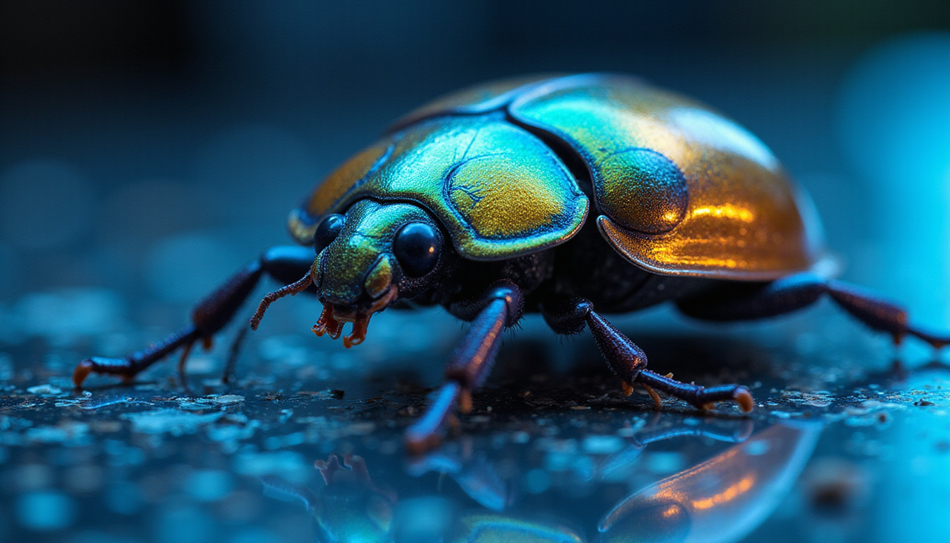  Iridescent scarab fused with microchips, wearable biotech sensor, clinical lab blue lighting