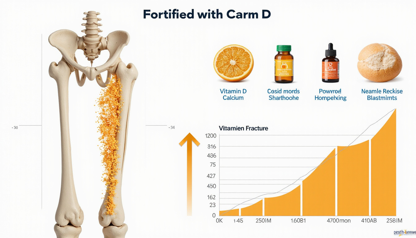  Detailed medical infographic: skeletal femur becoming fortified with calcium, vitamin D icons, downward fracture graph
