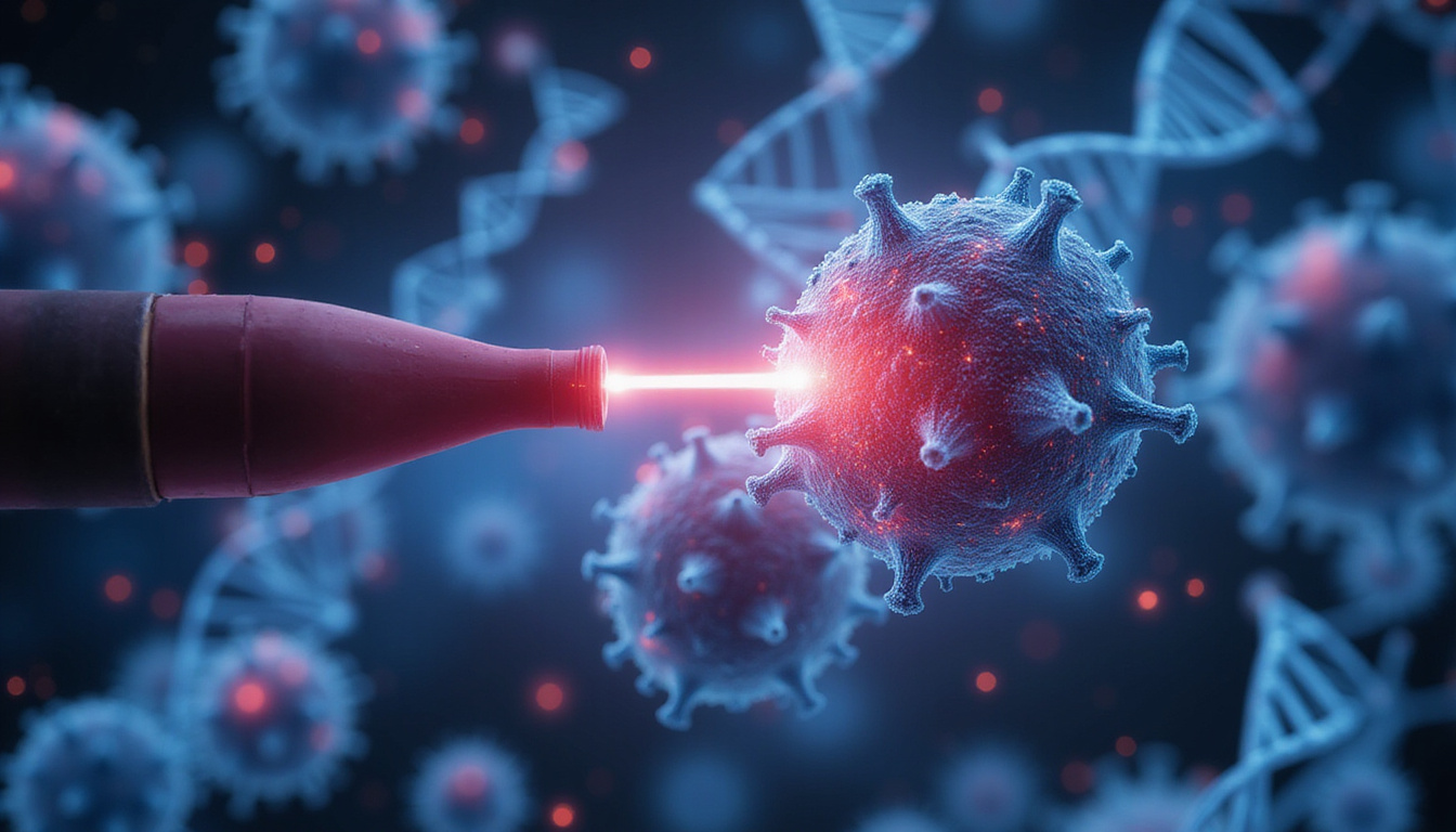  Molecular targeting beam hitting cancer cell, genomic data streams, doctors watching monitors