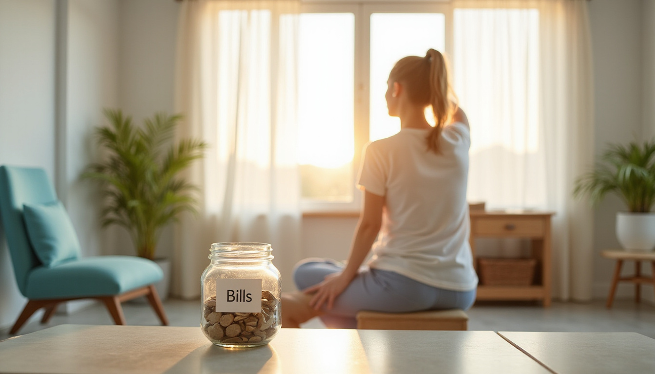 Calm recovery scene: patient doing gentle spine exercises, sunlit rehab room, savings jar labeled "Bills"