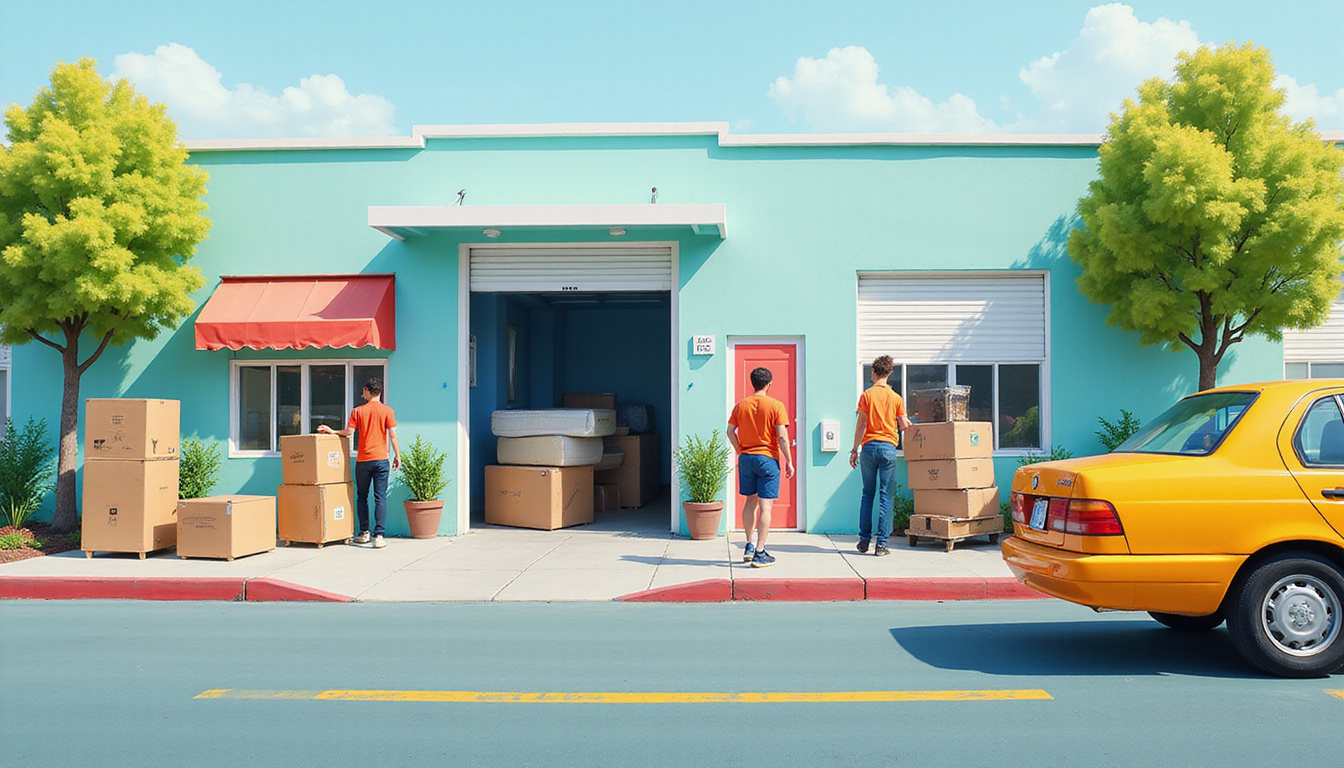  Eco-friendly urban bulk drop-off center, volunteers loading mattresses and appliances, vibrant community scene