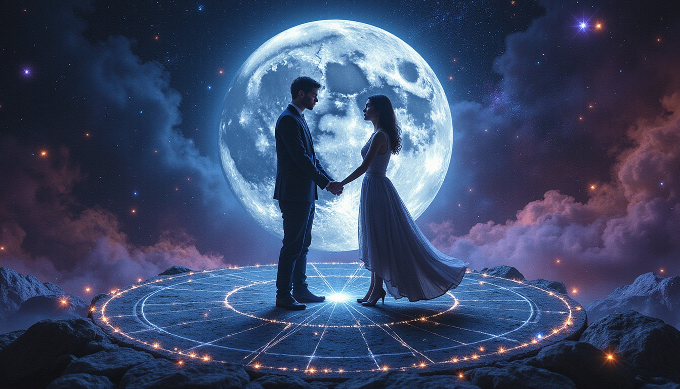 Moonlit astrology chart overlaying lovers, chemistry sparks, vibrant cosmic colors, mystical aura