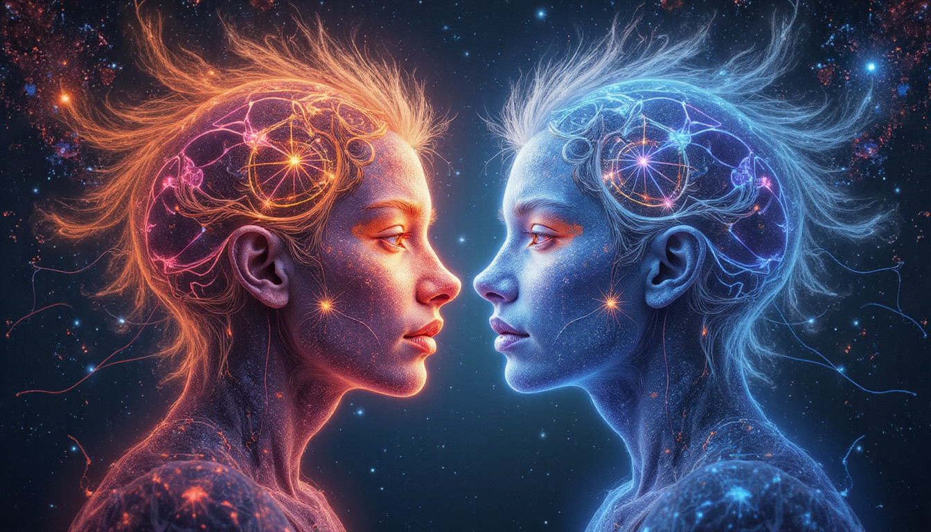Mystical zodiac faces merging, colorful planetary lines connecting hearts, ethereal cosmic chemistry aura
