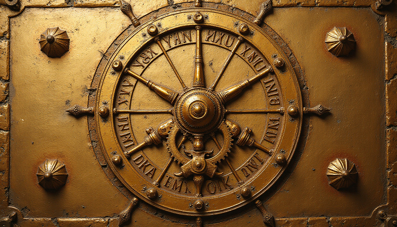 Ancient astrological chart carved in gold, cosmic hands turning gears to reveal hidden strengths