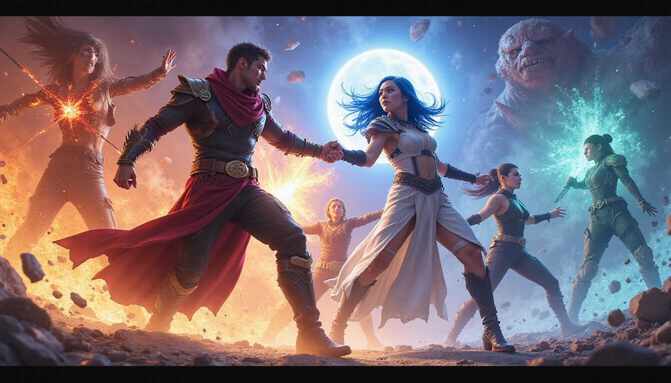 Diverse heroes coordinating elemental combo attack, seamless choreography, dynamic lighting cinematic perspective