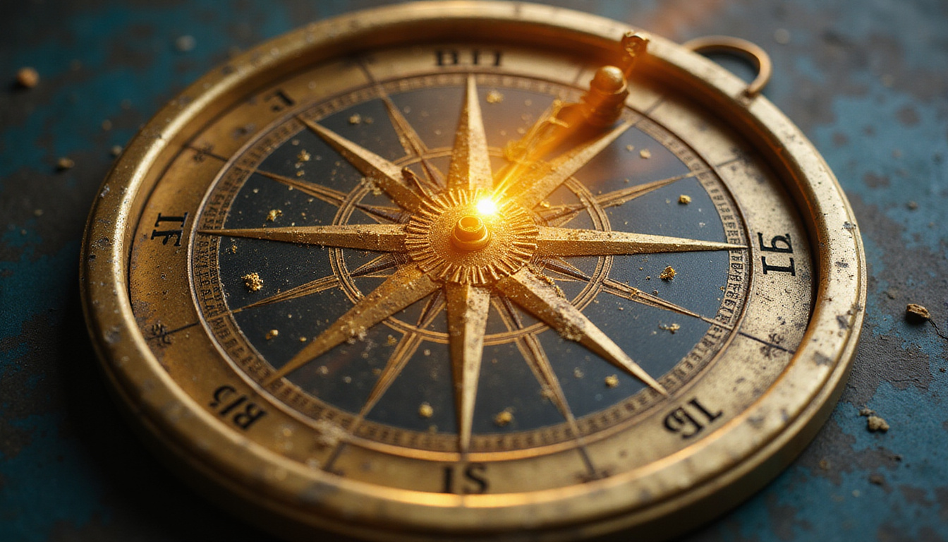 Ancient brass compass overlaying natal chart, shifting constellations, golden light of transformation