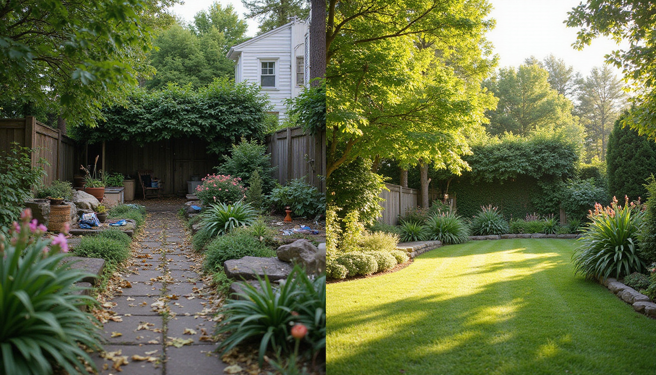  Before-and-after split image, cluttered overgrown yard vs pristine reclaimed garden, bright afternoon