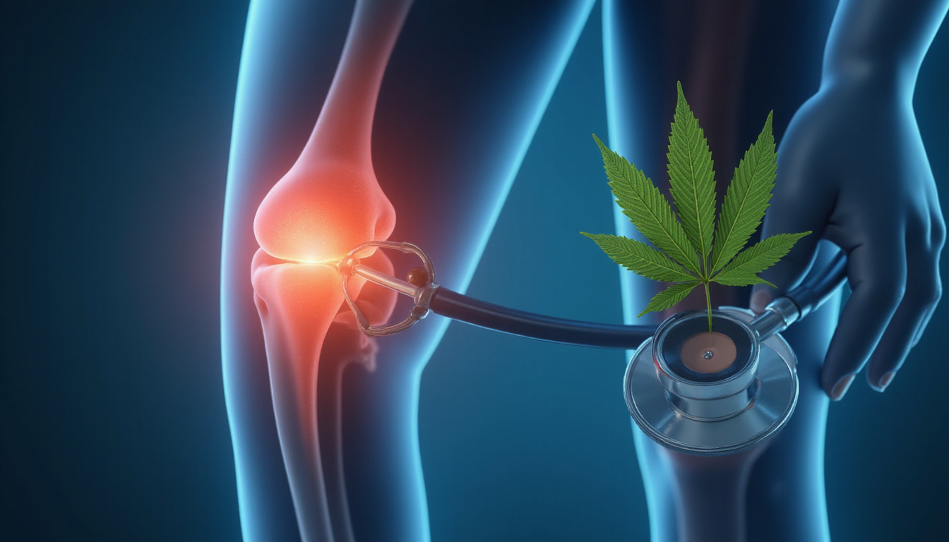  Animated anatomical knee showing inflammation fading, cannabis leaf and expert stethoscope overlay