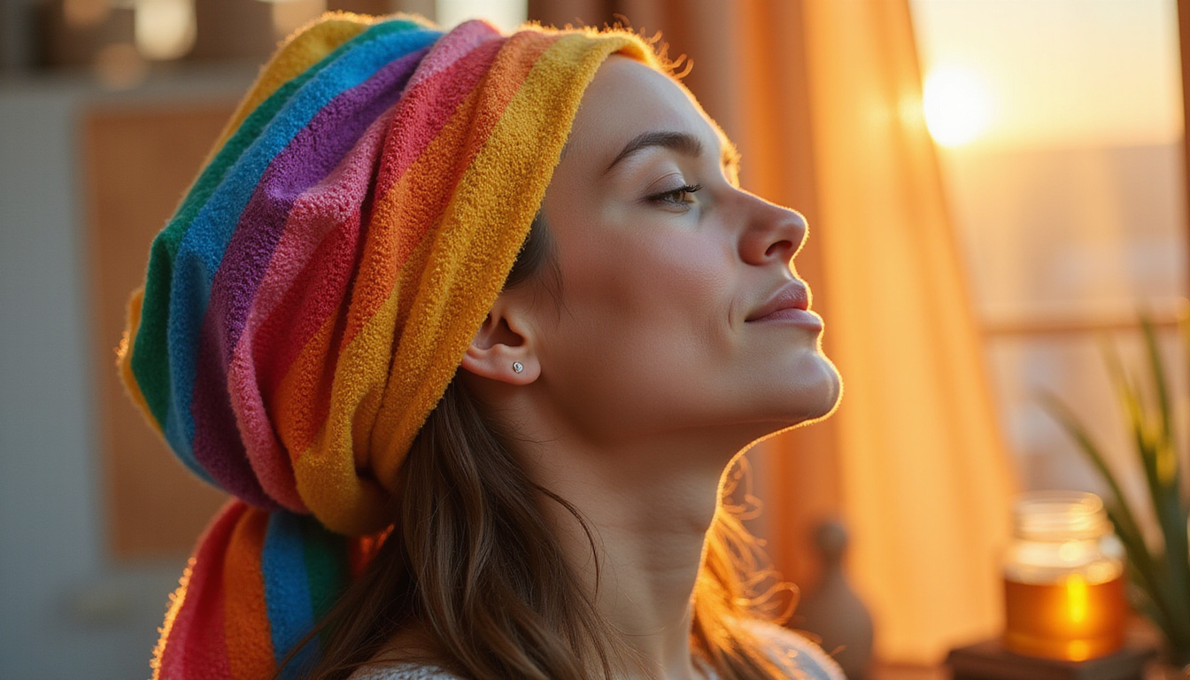  Close-up scalp regeneration montage: follicles, vitamins, scalp massage, rainbow-striped headscarf, warm golden light