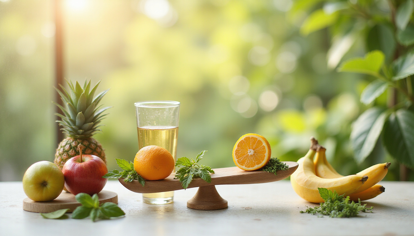  Artistic hormone balance scale made of fruits, herbs, glass of water, morning light
