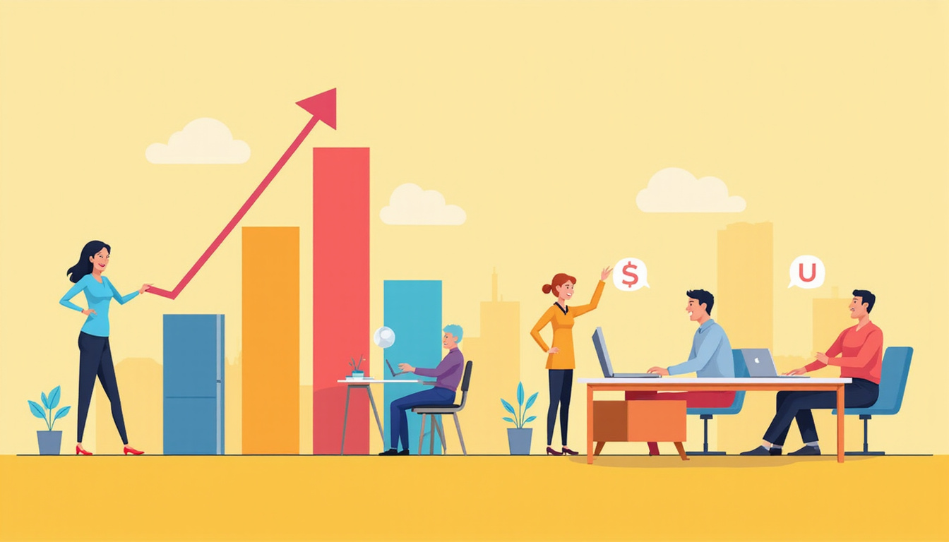 Minimalist poster: rising productivity bar graph, declining absenteeism icons, ergonomic desk setups, happy workforce