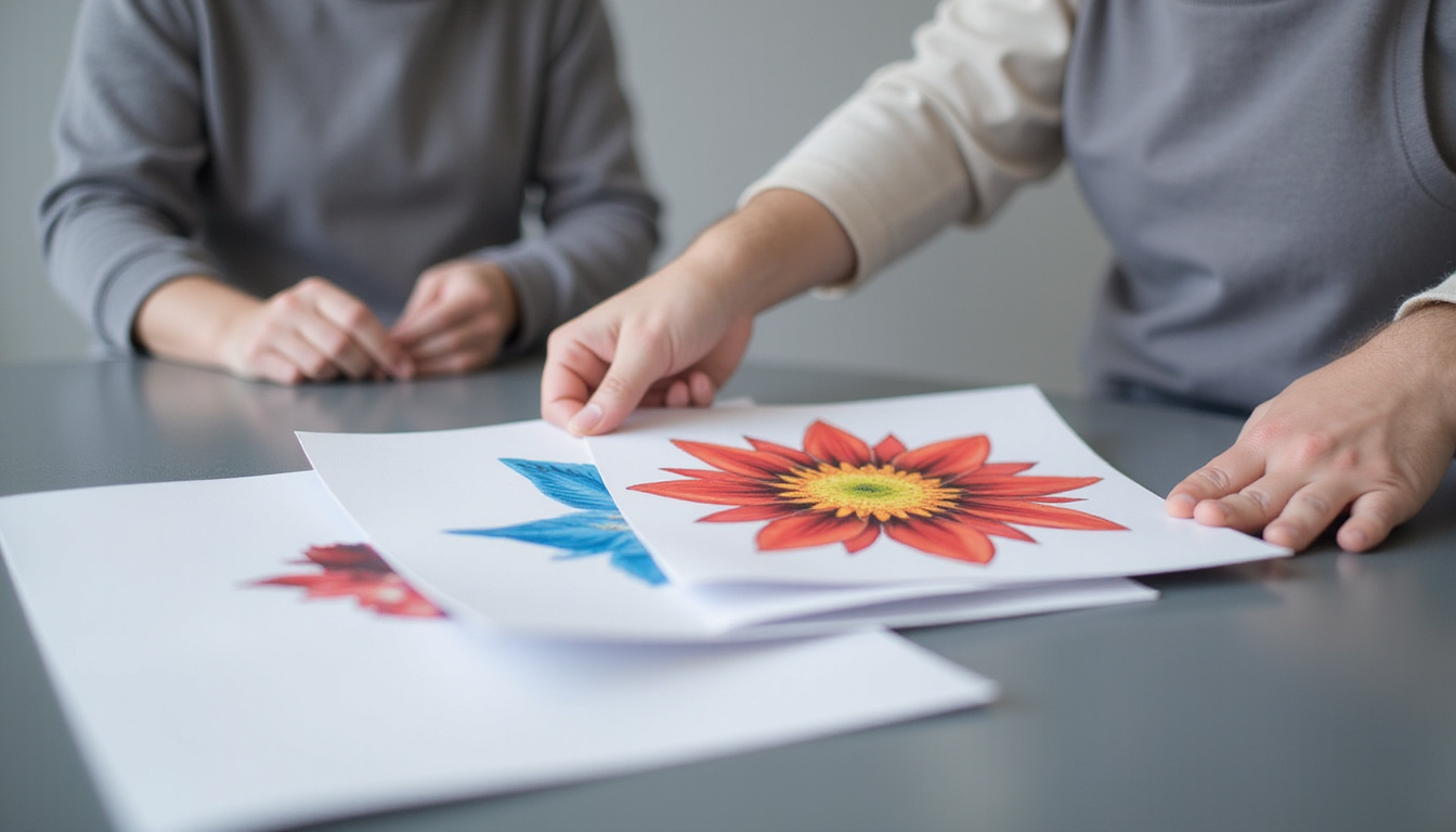 Designer adjusting CMYK printer profiles, glossy printed samples, neutral gray backdrop, high-detail realism