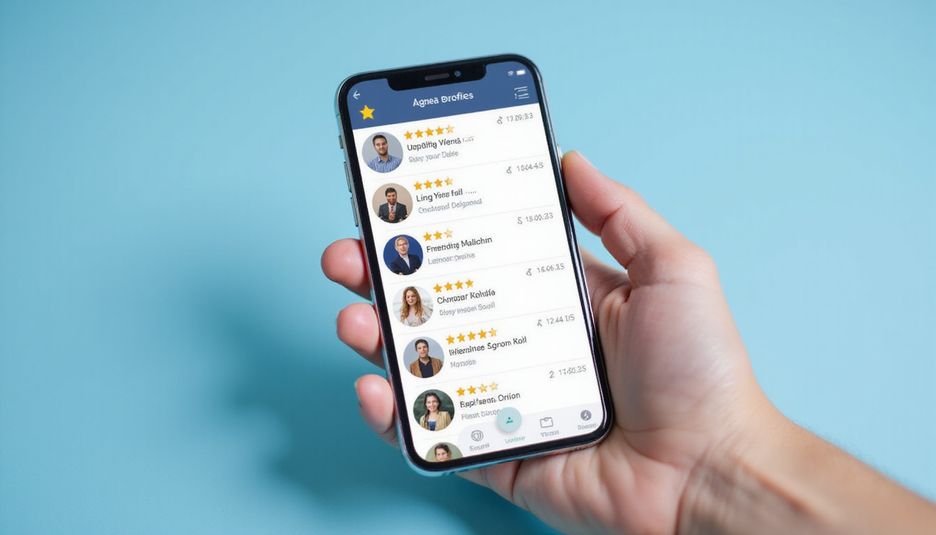  Smartphone screen with agent profiles, star ratings and client testimonials, magnifying glass focus
