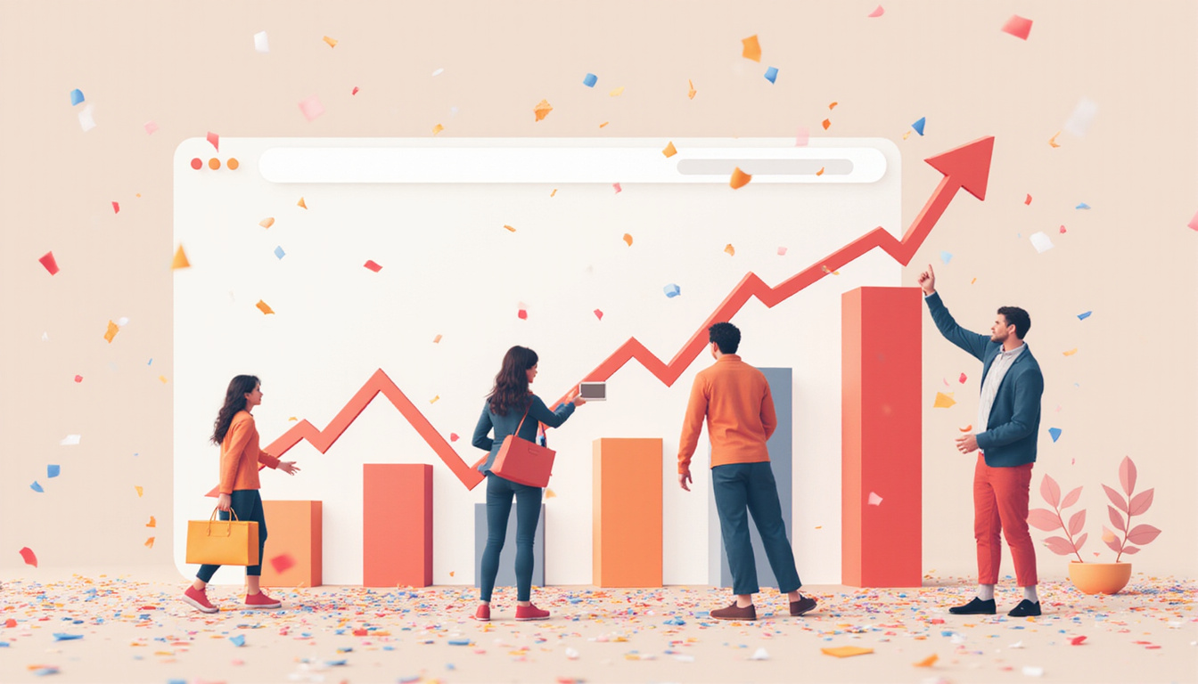 E-commerce interface transforming browsers into loyal repeat buyers, rising conversion graph, celebratory confetti