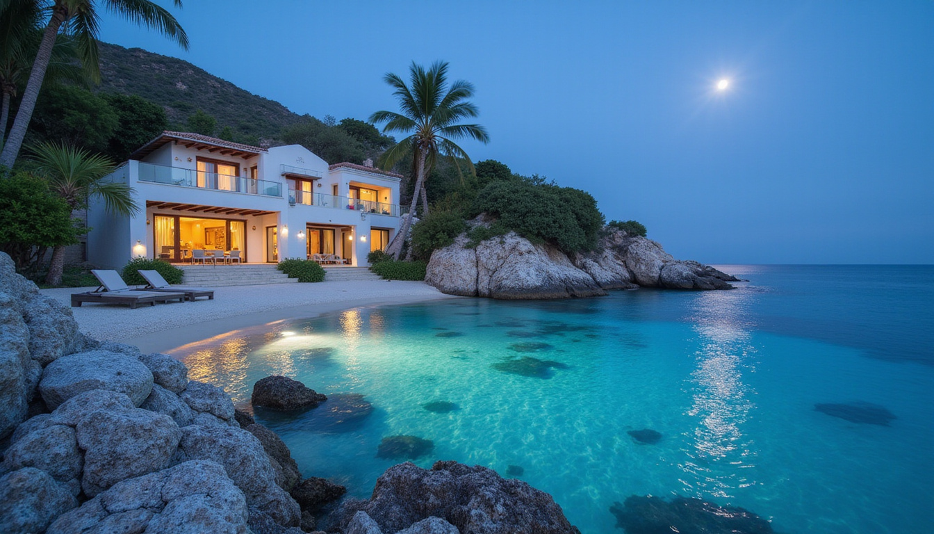  Hidden luxury retreat, white-washed stone villas, palm-fringed cove, crystal coral reefs visible underwater, moonlight
