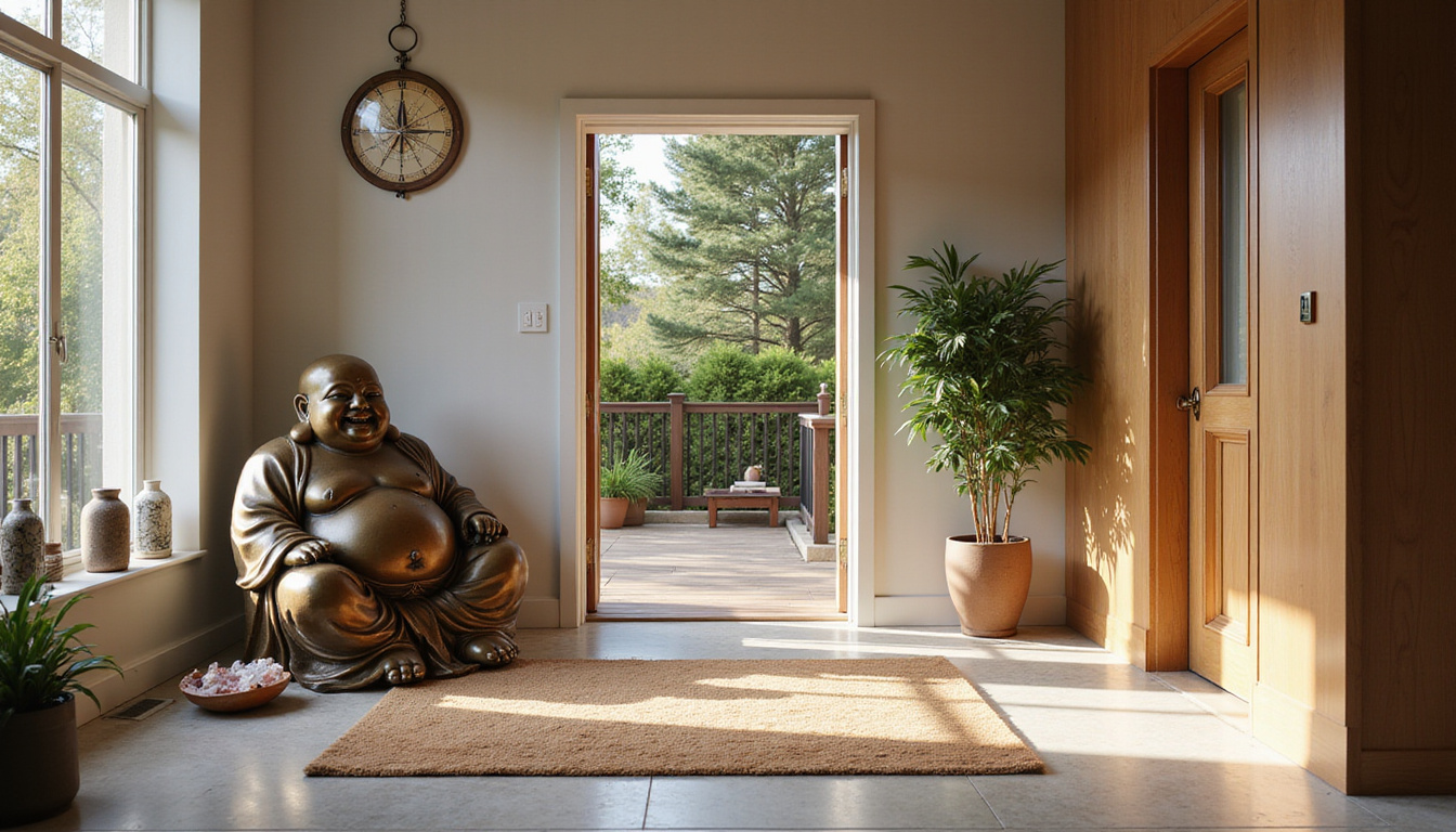  Modern entryway with bronze Laughing Buddha, crystals, feng shui compass, soft morning light