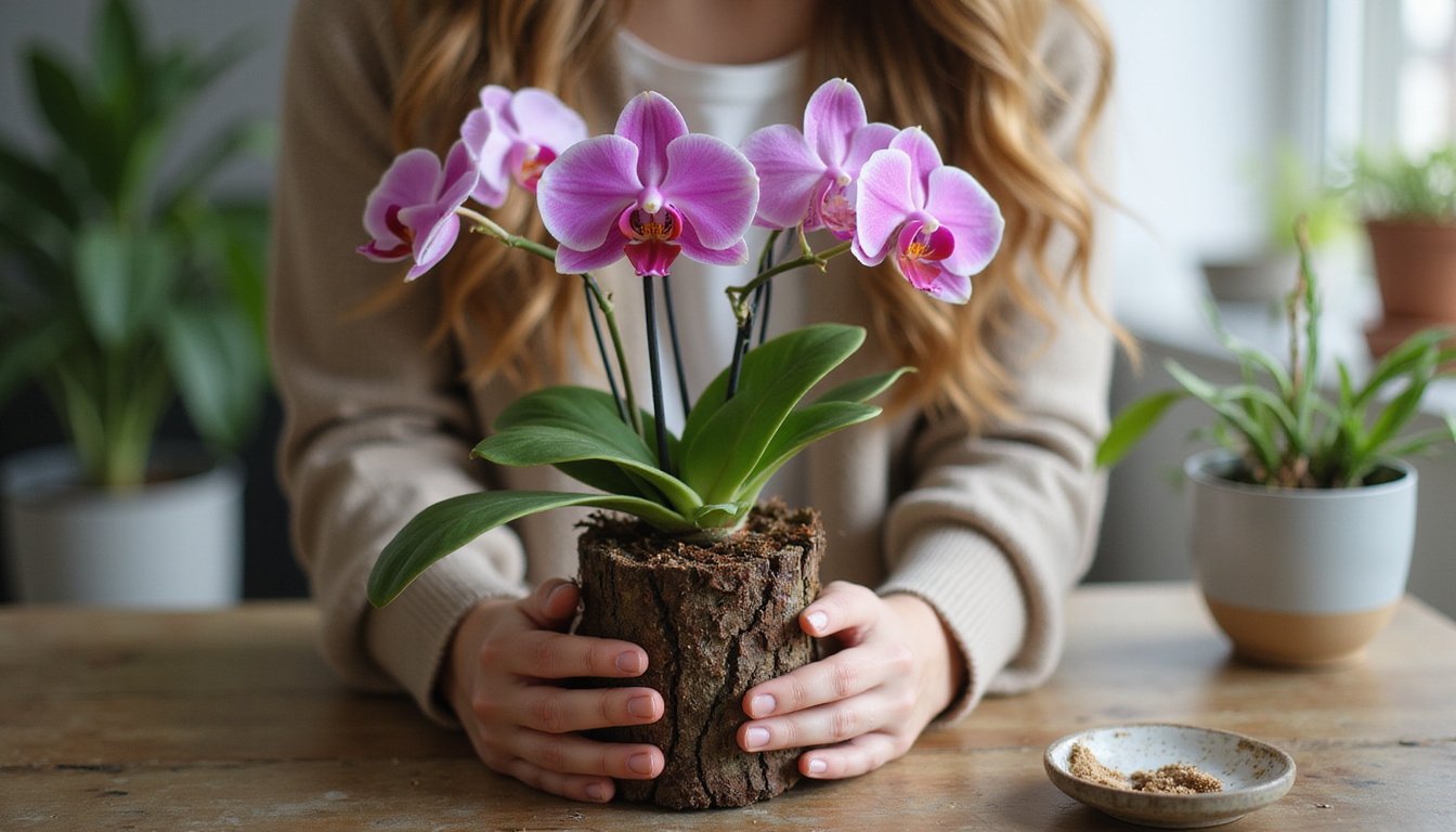 Hands repotting healthy orchid into airy bark mix, labeled watering schedule, soft morning light