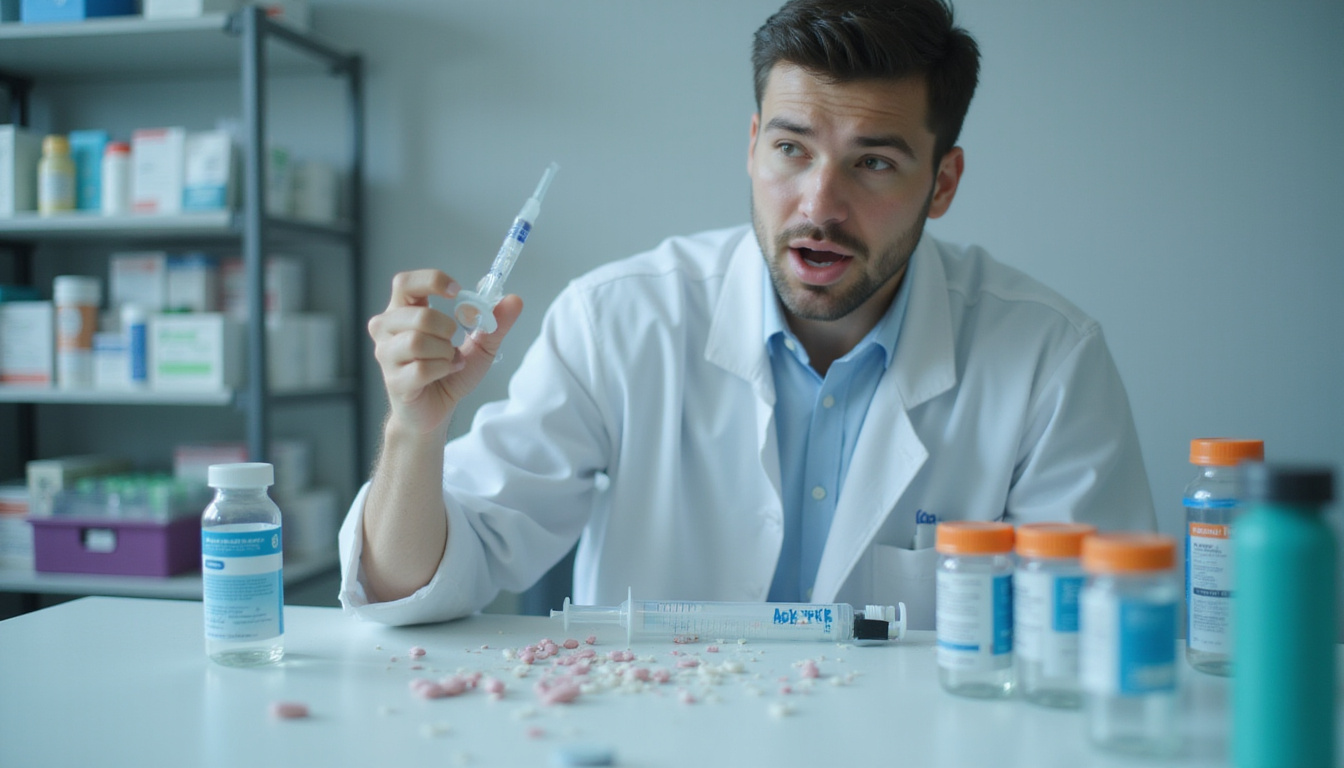  Pharmacist inspecting labeled syringes, spilled heat-exposed vials, alarmed expression, sterile clinic background