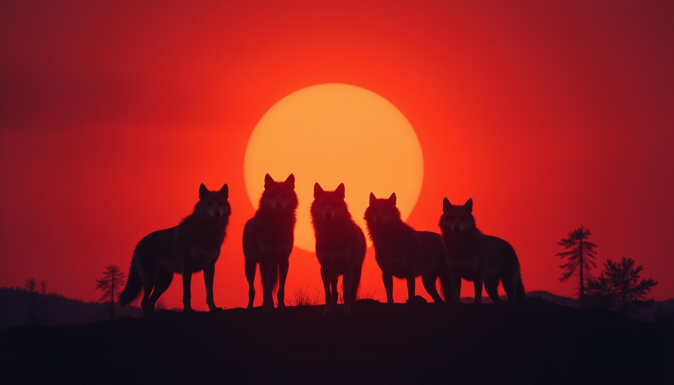  Pack of wolves silhouetted against crimson sunset, unity, loyalty, wild freedom cinematic