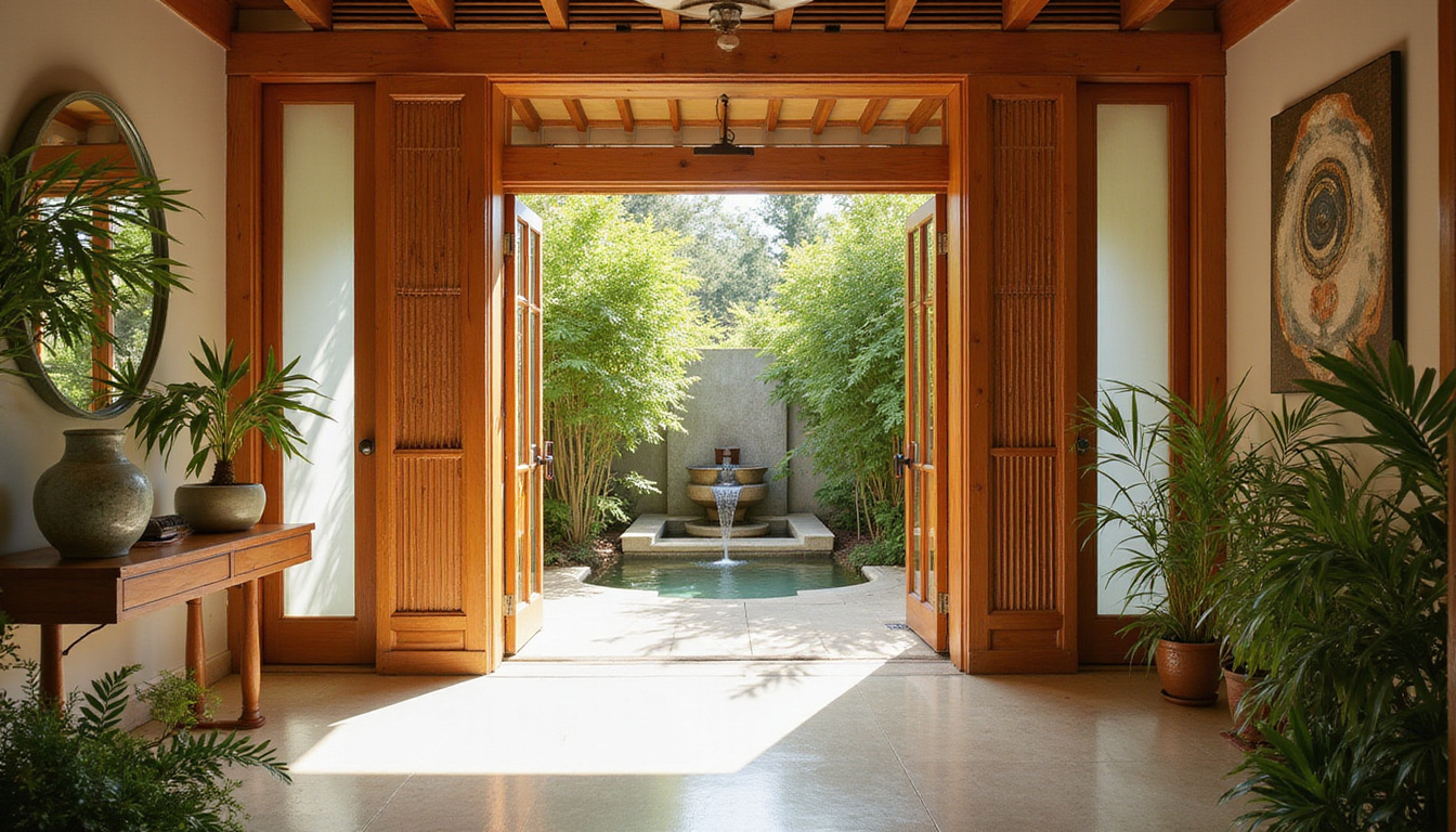  Open entryway with mirror reflecting light, bamboo, soft water fountain, warm wooden tones
