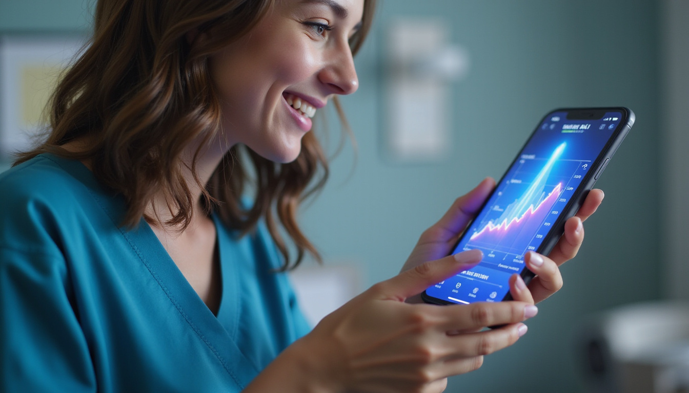  Close-up of smiling patient using smartphone therapy app, vibrant data stream forming rising recovery graph