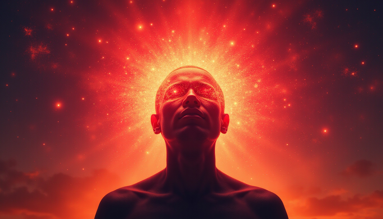 Human silhouette with radiant calm replacing red hyperalgesic aura, fast-acting strategies visualized