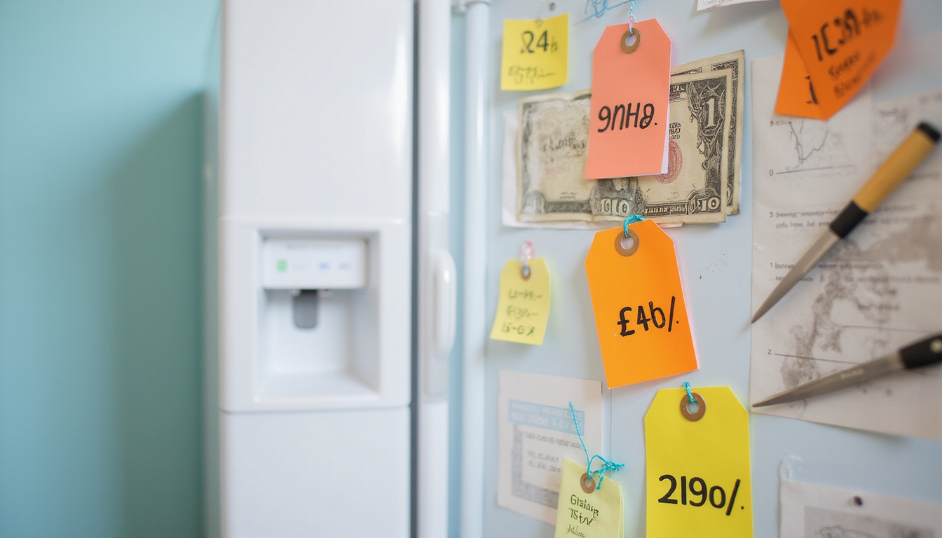  Close-up of repaired refrigerator beside price tags and cash savings, DIY tools, instruction leaflet