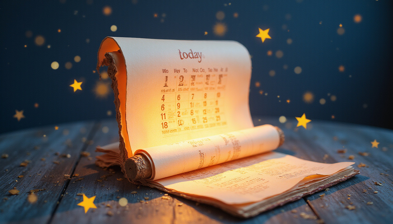  Calendar page today illuminated, secret scroll unrolling, golden stars, money shower, career ladder