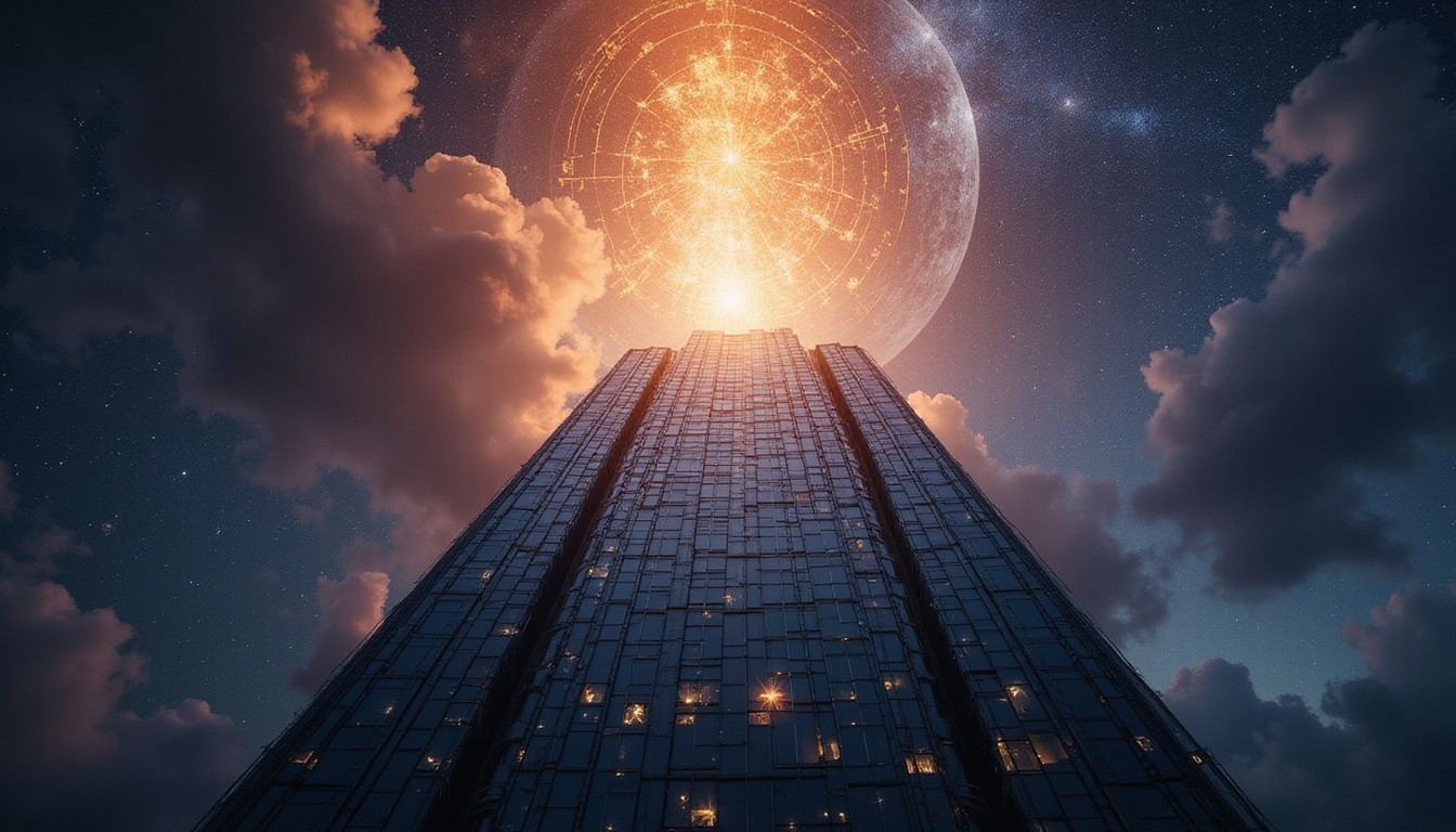 Ancient key revealing astrological chart above corporate tower, spotlight, dramatic cinematic lighting