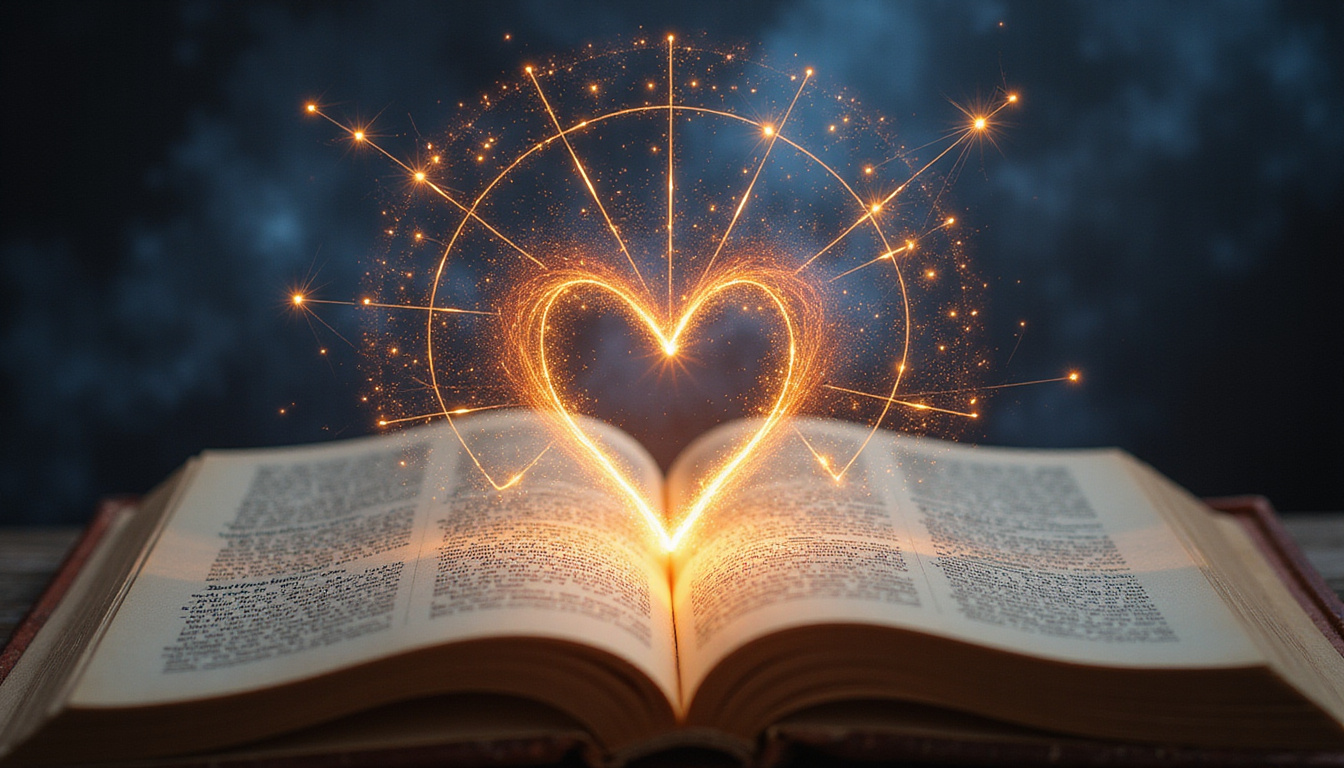  Ancient astrological book opening, radiant compatibility graph, constellations forming heart-shaped aspects