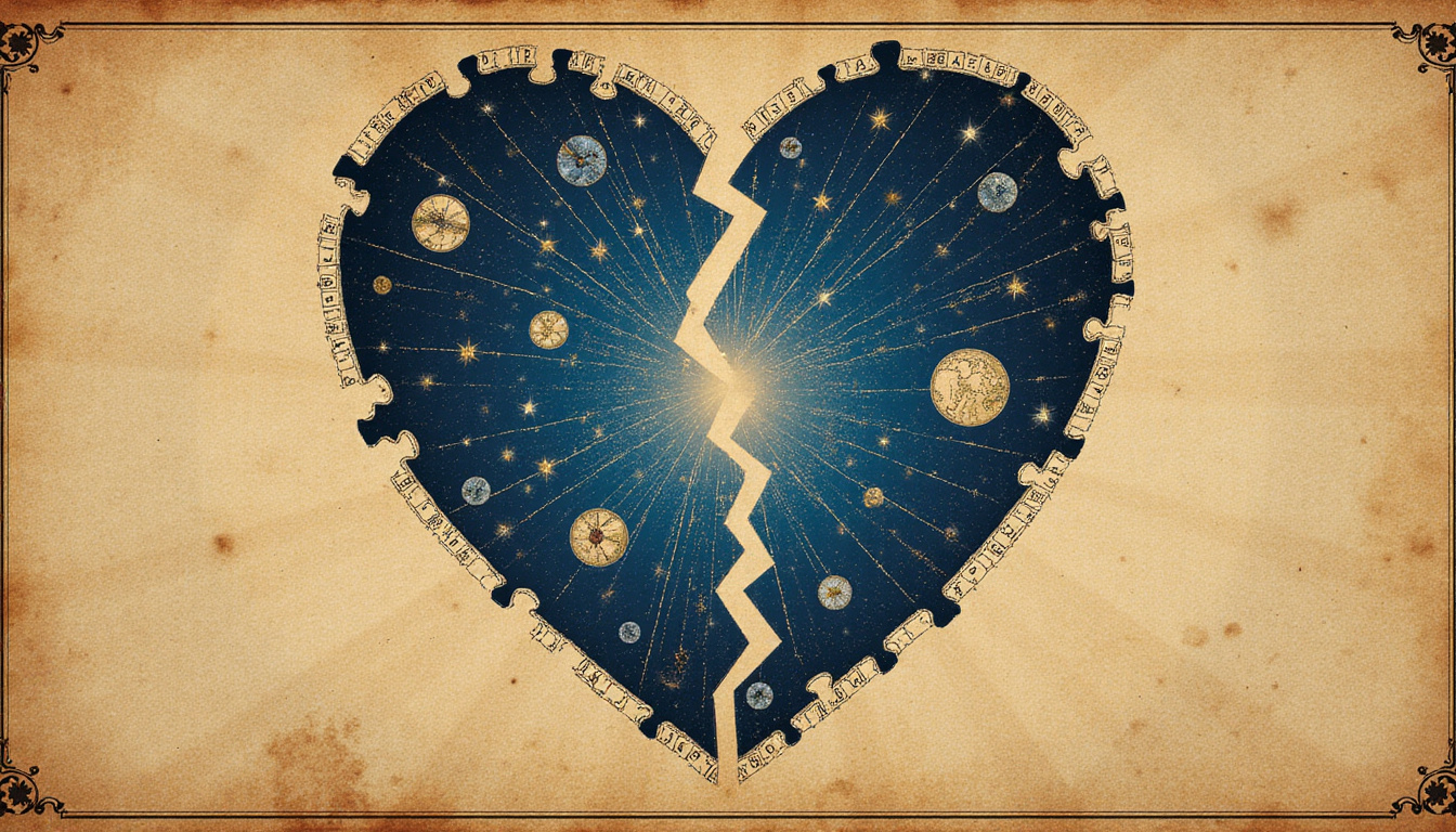  Heart-shaped constellation breaking into puzzle pieces, astrological glyphs, tarot-like vintage map background