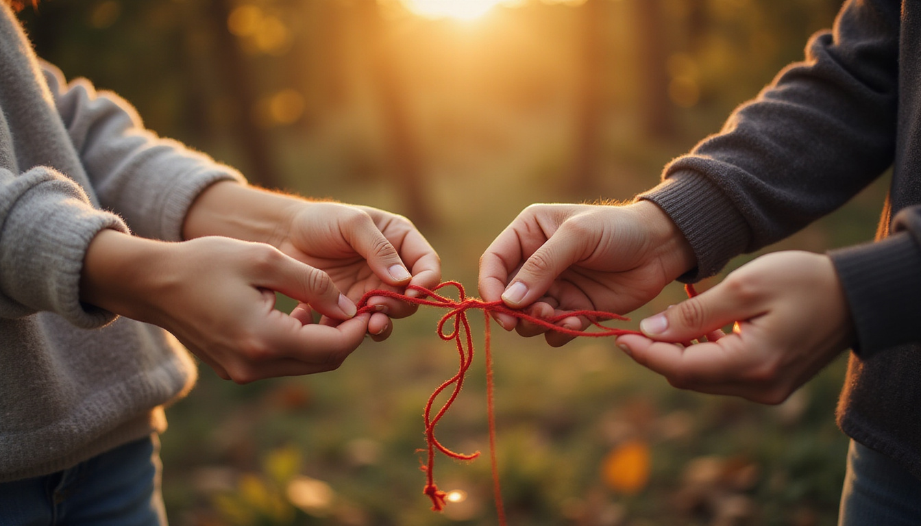  Hands untangling red thread between couple, protective toolkit, horoscope chart, warm golden light