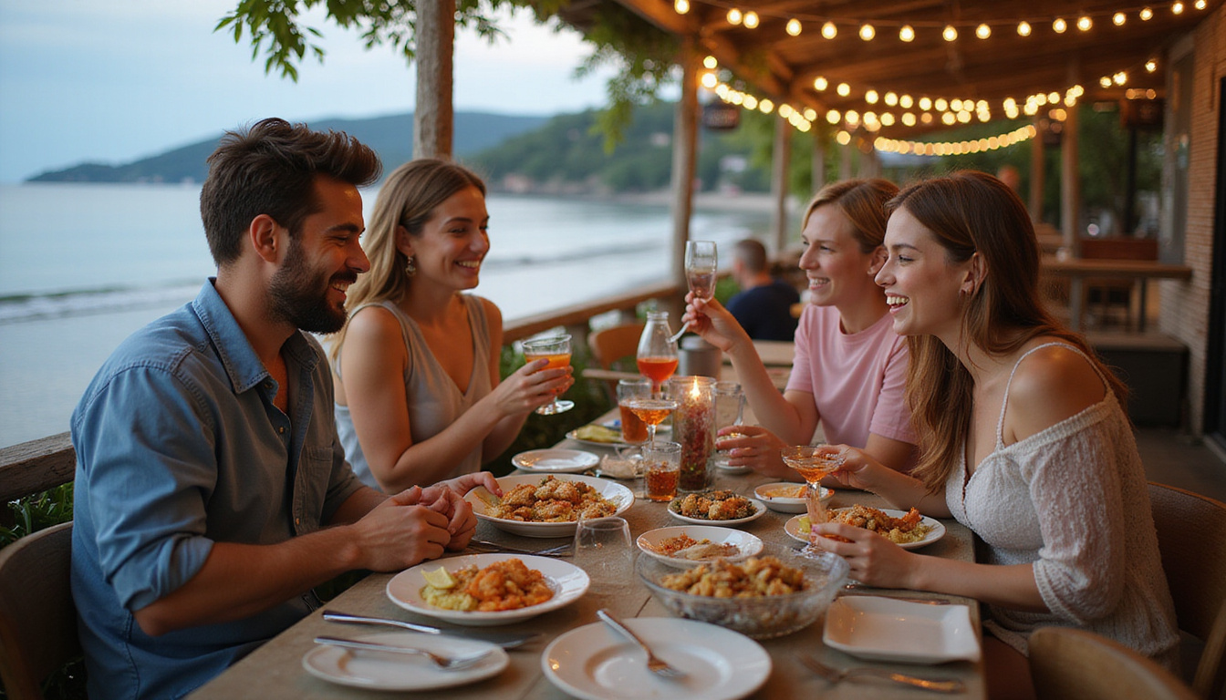 Vibrant seaside bistro scene, fresh seafood dishes, locals sharing laughter under string lights