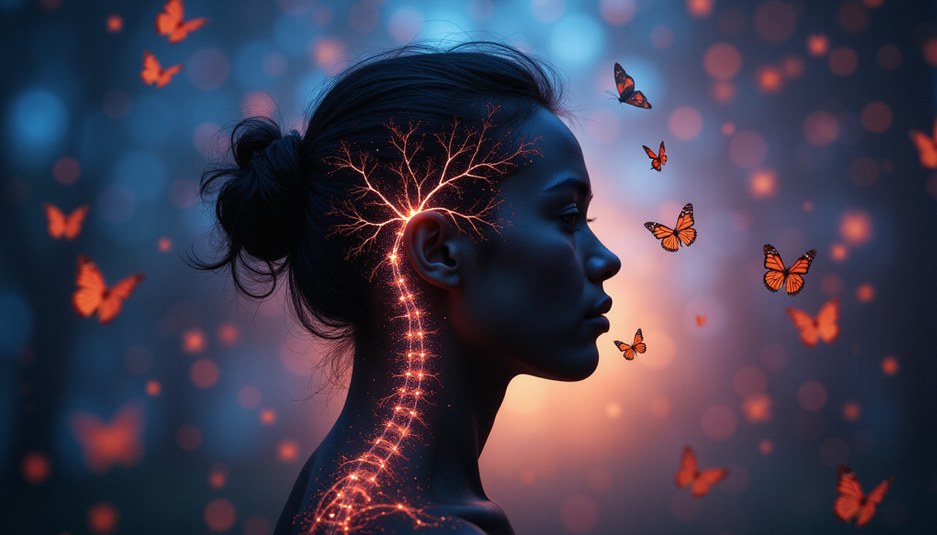  Silhouette with illuminated spine and neurons, chains breaking into butterflies, compassionate healing atmosphere
