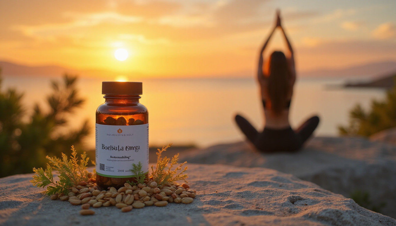  Botanical supplement bottle surrounded by boswellia, omega seeds, yoga practitioner stretching at sunrise