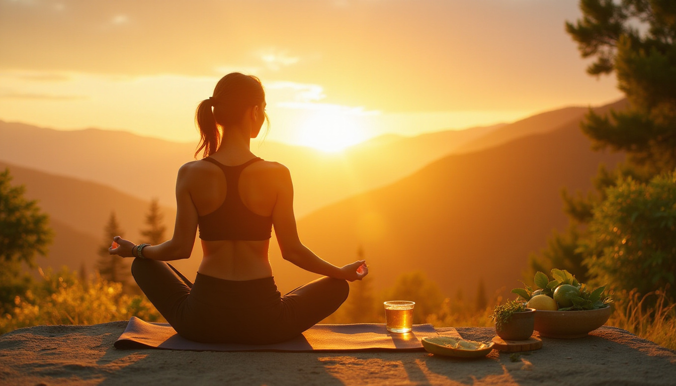  Woman practicing gentle yoga at sunrise, herbal tea, citrus, leafy greens, glowing balance icons