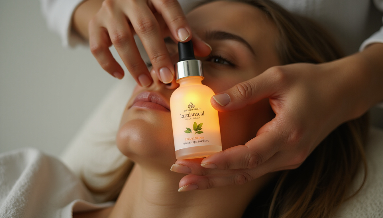  Botanical serum bottle glowing beside scalp massage, female hands, rejuvenating light, hopeful atmosphere