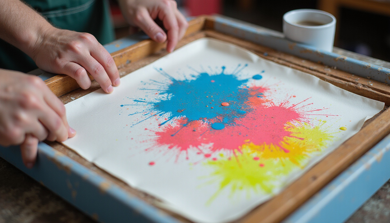 Close-up artisan hands adjusting screen-print frame, neon inks splashing, labels and sewing tags
