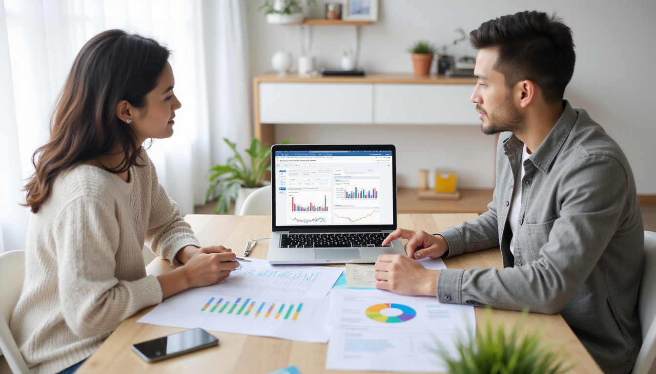  Investor and renter huddle over laptop, colorful market charts, adaptive rental strategies illustrated