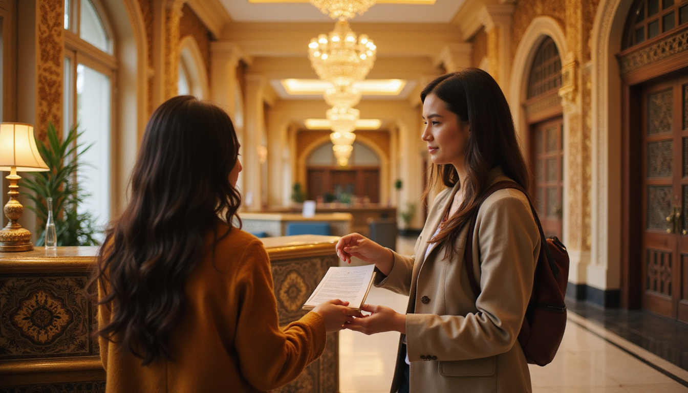  Concierge handing traveler a savings guide, ornate lobby, Arabic patterns, warm golden lighting