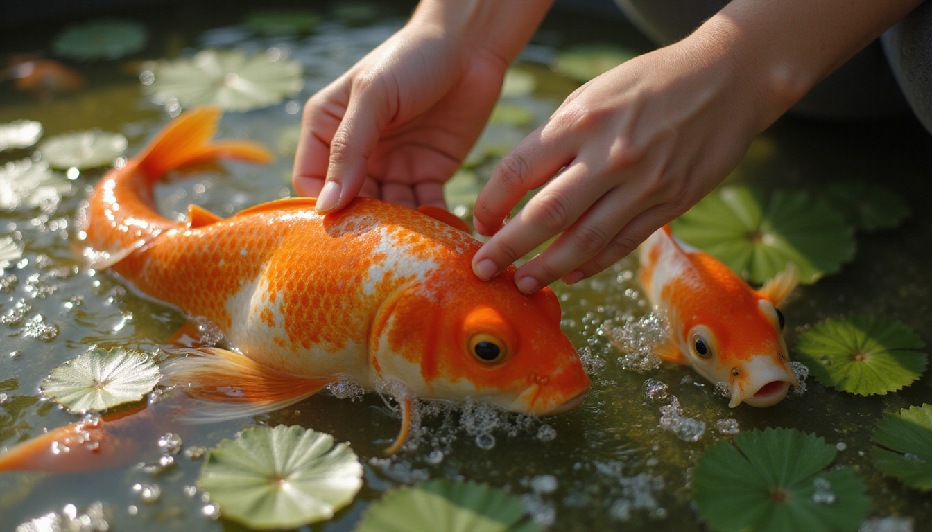 Close-up koi feeding, gentle hands, oxygen bubbles, lily pads, educational atmosphere, warm golden sunlight
