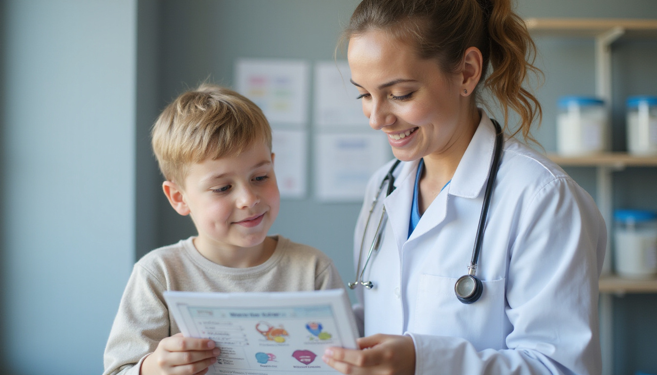  Doctor and young patient reviewing illustrated care plan checklist, smiling, organized pillbox, calm clinic interior
